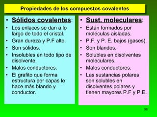 Propiedades de los compuestos covalentes Sólidos covalentes : Los enlaces se dan a lo largo de todo el cristal. Gran dureza y P.F alto.  Son sólidos.  Insolubles en todo tipo de disolvente. Malos conductores. El grafito que forma estructura por capas le hace más blando y conductor. Sust. moleculares : Están formados por moléculas aisladas. P.F. y P. E. bajos (gases). Son blandos.  Solubles en disolventes moleculares. Malos conductores. Las sustancias polares son solubles en disolventes polares y tienen mayores P.F y P.E. 