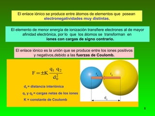 d 0  = distancia interiónica   El enlace iónico se produce entre átomos de elementos que  posean  electronegatividades muy distintas. El elemento de menor energía de ionización transfiere electrones al de mayor afinidad electrónica, por lo  que  los átomos se  transforman  en  iones con cargas de signo contrario. El enlace iónico es la unión que se produce entre los iones positivos y negativos,debido a las  fuerzas de Coulomb. q 1  y q 2  = cargas netas de los iones K = constante de Coulomb 