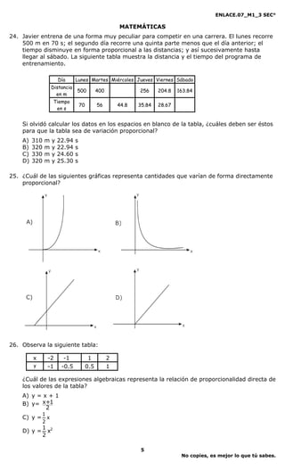 ENLACE.07_M1_3 SEC°

                                                         MATEMÁTICAS
24. Javier entrena de una forma muy peculiar para competir en una carrera. El lunes recorre
    500 m en 70 s; el segundo día recorre una quinta parte menos que el día anterior; el
    tiempo disminuye en forma proporcional a las distancias; y así sucesivamente hasta
    llegar al sábado. La siguiente tabla muestra la distancia y el tiempo del programa de
    entrenamiento.

                        Día     Lunes Martes Miércoles Jueves Viernes Sábado
                    Distancia
                                500            400              256     204.8   163.84
                      en m
                    Tiempo
                                    70         56        44.8   35.84   28.67
                     en s


    Si olvidó calcular los datos en los espacios en blanco de la tabla, ¿cuáles deben ser éstos
    para que la tabla sea de variación proporcional?
    A)   310   m    y   22.94   s
    B)   320   m    y   22.94   s
    C)   330   m    y   24.60   s
    D)   320   m    y   25.30   s

25. ¿Cuál de las siguientes gráficas representa cantidades que varían de forma directamente
    proporcional?




26. Observa la siguiente tabla:

         x         -2     -1             1           2
         y         -1    -0.5            0.5         1

    ¿Cuál de las expresiones algebraicas representa la relación de proporcionalidad directa de
    los valores de la tabla?
    A) y = x + 1
    B) y= x+1
            2
               1
    C) y = x
               2
             1 2
    D) y =     x
             2

                                                                 5
                                                                                 No copies, es mejor lo que tú sabes.
 