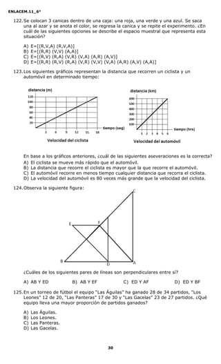 ENLACEM.11_6°
30
122.Se colocan 3 canicas dentro de una caja: una roja, una verde y una azul. Se saca
una al azar y se anota el color, se regresa la canica y se repite el experimento. ¿En
cuál de las siguientes opciones se describe el espacio muestral que representa esta
situación?
A) E=[(R,V,A) (R,V,A)]
B) E=[(R,R) (V,V) (A,A)]
C) E=[(R,V) (R,A) (V,R) (V,A) (A,R) (A,V)]
D) E=[(R,R) (R,V) (R,A) (V,R) (V,V) (V,A) (A,R) (A,V) (A,A)]
123.Los siguientes gráficos representan la distancia que recorren un ciclista y un
automóvil en determinado tiempo:
En base a los gráficos anteriores, ¿cuál de las siguientes aseveraciones es la correcta?
A) El ciclista se mueve más rápido que el automóvil.
B) La distancia que recorre el ciclista es mayor que la que recorre el automóvil.
C) El automóvil recorre en menos tiempo cualquier distancia que recorra el ciclista.
D) La velocidad del automóvil es 80 veces más grande que la velocidad del ciclista.
124.Observa la siguiente figura:
¿Cuáles de los siguientes pares de líneas son perpendiculares entre sí?
A) AB Y ED B) AB Y EF C) ED Y AF D) ED Y BF
125.En un torneo de fútbol el equipo “Las Águilas” ha ganado 28 de 34 partidos, “Los
Leones” 12 de 20, “Las Panteras” 17 de 30 y “Las Gacelas” 23 de 27 partidos. ¿Qué
equipo lleva una mayor proporción de partidos ganados?
A) Las Águilas.
B) Los Leones.
C) Las Panteras.
D) Las Gacelas.
 