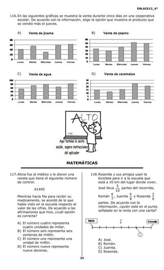 ENLACE12_6°
25
116.En las siguientes gráficas se muestra la venta durante cinco días en una cooperativa
escolar. De acuerdo con la información, elige la opción que muestra el producto que
se vendió más el jueves.
A) B)
C) D)
MATEMÁTICAS
117.Alicia fue al médico y le dieron una
receta que tiene el siguiente número
de control:
61495
Mientras hacía fila para recibir su
medicamento, se acordó de lo que
había visto en la escuela respecto al
valor de las cifras. De acuerdo a las
afirmaciones que hizo, ¿cuál opción
es correcta?
A) El número cuatro representa
cuatro unidades de millar.
B) El número seis representa seis
centenas de millón.
C) El número uno representa una
unidad de millón.
D) El número nueve representa
nueve decenas.
118.Rosenda y sus amigos usan la
bicicleta para ir a la escuela que
está a 10 km del lugar donde viven.
José lleva
10
5
partes del recorrido,
Román
7
6
, Juanita
8
6
y Rosenda
6
2
partes. De acuerdo con la
información, ¿quién está en el punto
señalado en la recta con una carita?
A) José.
B) Román.
C) Juanita.
D) Rosenda.
Venta de jícama
Lunes Martes Miércoles Jueves Viernes
Lunes Martes Miércoles Jueves Viernes
Venta de pepino
Lunes Martes Miércoles Jueves Viernes
Venta de agua
Lunes Martes Miércoles Jueves Viernes
Venta de caramelos
CGC
 