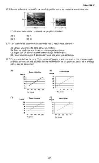 ENLACE12_6°
27
Coser dobladillos Poner cierres
Hacer ojalesCoser etiquetas
Pago $
Pago $
Pago $ Pago $
20 40 60 80 100
No. piezas
5 10 15 20 25
No. piezas
No. piezasNo. piezas
50 100 150 200 250 10 20 30 40 50
125.Renata solicitó la reducción de una fotografía, como se muestra a continuación:
¿Cuál es el valor de la constante de proporcionalidad?
A) 2 B) 4
C) 6 D) 8
126.¿En cuál de las siguientes situaciones hay 3 resultados posibles?
A) Lanzar una moneda para ganar un volado.
B) Tirar un dado para obtener un número determinado.
C) Jugar con un dado y ganar cuando salga número par.
D) Hacer una rifa entre 5 personas y que sólo una sea ganadora.
127.En la maquiladora de ropa “Internacional” pagan a sus empleados por el número de
prendas que cosen. De acuerdo con la información de las gráficas, ¿cuál es el trabajo
por el que se paga más?
A) B)
C) D)
 