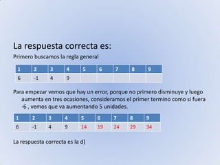La respuesta correcta es:Primero buscamos la regla generalPara empezar vemos que hay un error, porque no primero disminuye y luego aumenta en tres ocasiones, consideramos el primer termino como si fuera -6 , vemos que va aumentando 5 unidades.La respuesta correcta es la d)