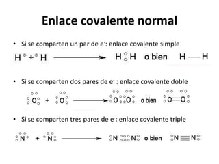 Enlace covalente normal
• Si se comparten un par de e-: enlace covalente simple




• Si se comparten dos pares de e- : enlace covalente doble




• Si se comparten tres pares de e-: enlace covalente triple
 