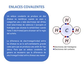 Un enlace covalente se produce en dos
átomos no metálicos cuando se unen y
comparten uno o más electrones del último
nivel (electrones de valencia) 1 (excepto el
hidrógeno que alcanza la estabilidad cuando
tiene 2 electrones) para alcanzar así la regla
del octeto.
La diferencia de electronegatividad entre
los átomos no es lo suficientemente grande
como para que se produzca una unión de tipo
iónica. Para que un enlace covalente se
genere es necesario que la diferencia de
electronegatividad entre átomos sea menor
 