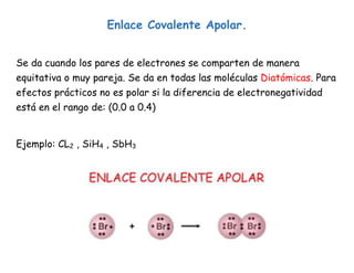 Enlace Covalente Apolar.
Se da cuando los pares de electrones se comparten de manera
equitativa o muy pareja. Se da en todas las moléculas Diatómicas. Para
efectos prácticos no es polar si la diferencia de electronegatividad
está en el rango de: (0.0 a 0.4)
Ejemplo: CL2 , SiH4 , SbH3
 