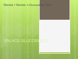 ENLACE GLUCOSIDICO.
Glucosa + Glucosa → Glucosacárido + H2O
 