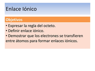 Enlace Iónico
Objetivos
• Expresar la regla del octeto.
• Definir enlace iónico.
• Demostrar que los electrones se transfieren
entre átomos para formar enlaces iónicos.
 