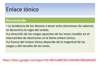 Enlace Iónico
  Resumiendo
  • La tendencia de los átomos a tener ocho electrones de valencia
  se denomina la regla del octeto.
  •La atracción de las cargas opuestas de los iones creados en el
  intercambio de electrones se le llama enlace iónico.
  •La fuerza del enlace iónico depende de la magnitud de las
  cargas y del tamaño de los iones.



https://docs.google.com/open?id=0B7wi6BCSEa7yMlJMLS00ejNGblE
 