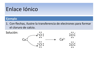 Enlace Iónico
Ejemplo
1. Con flechas, ilustre la transferencia de electrones para formar
   el cloruro de calcio.
Solución:
 