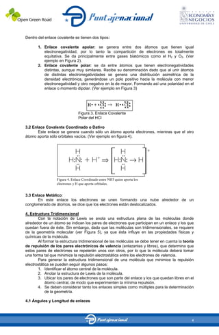 Dentro del enlace covalente se tienen dos tipos:

       1. Enlace covalente apolar: se genera entre dos átomos que tienen igual
          electronegatividad, por lo tanto la compartición de electrones es totalmente
          equitativa. Se da principalmente entre gases biatómicos como el H2 y O2. (Ver
          ejemplo en Figura 2).
       2. Enlace covalente polar: se da entre átomos que tienen electronegatividades
          distintas, aunque muy similares. Recibe su denominación dado que al unir átomos
          de distintas electronegatividades se genera una distribución asimétrica de la
          densidad electrónica, generándose un polo positivo hacia la molécula con menor
          electronegatividad y otro negativo en la de mayor. Formando así una polaridad en el
          enlace o momento dipolar. (Ver ejemplo en Figura 3)




                                Figura 3. Enlace Covalente
                                Polar del HCl

3.2 Enlace Covalente Coordinado o Dativo
       Este enlace se genera cuando sólo un átomo aporta electrones, mientras que el otro
átomo aporta sólo orbitales vacíos. (Ver ejemplo en figura 4).




                  Figura 4. Enlace Coordinado entre NH3 quien aporta los
                  electrones y H que aporta orbitales.


3.3 Enlace Metálico:
       En este enlace los electrones se unen formando una nube alrededor de un
conglomerado de átomos, se dice que los electrones están deslocalizados.

4. Estructura Tridimensional
       Con la notación de Lewis se anota una estructura plana de las moléculas donde
alrededor de un átomo se indican los pares de electrones que participan en un enlace y los que
quedan fuera de éste. Sin embargo, dado que las moléculas son tridimensionales, se requiere
de la geometría molecular (ver Figura 5), ya que ésta influye en las propiedades físicas y
químicas de la molécula.
       Al formar la estructura tridimensional de las moléculas se debe tener en cuenta la teoría
de repulsión de los pares electrónicos de valencia (enlazantes y libres), que determina que
estos pares de electrones se repelerán unos con otros, por lo que la molécula deberá tomar
una forma tal que minimice la repulsión electrostática entre los electrones de valencia.
       Para generar la estructura tridimensional de una molécula que minimice la repulsión
electrostática se pueden seguir algunos pasos:
       1. Identificar el átomo central de la molécula.
       2. Anotar la estructura de Lewis de la molécula.
       3. Ubicar los pares de electrones que son parte del enlace y los que quedan libres en el
            átomo central, de modo que experimenten la mínima repulsión.
       4. Se deben considerar tanto los enlaces simples como múltiples para la determinación
            de la geometría.

4.1 Ángulos y Longitud de enlaces



                                                                                              4
 