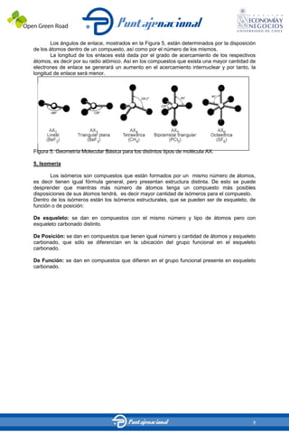 Los ángulos de enlace, mostrados en la Figura 5, están determinados por la disposición
de los átomos dentro de un compuesto, así como por el número de los mismos.
       La longitud de los enlaces está dada por el grado de acercamiento de los respectivos
átomos, es decir por su radio atómico. Así en los compuestos que exista una mayor cantidad de
electrones de enlace se generará un aumento en el acercamiento internuclear y por tanto, la
longitud de enlace será menor.




Figura 5. Geometría Molecular Básica para los distintos tipos de molécula AX.

5. Isomería

       Los isómeros son compuestos que están formados por un mismo número de átomos,
es decir tienen igual fórmula general, pero presentan estructura distinta. De esto se puede
desprender que mientras más número de átomos tenga un compuesto más posibles
disposiciones de sus átomos tendrá, es decir mayor cantidad de isómeros para el compuesto.
Dentro de los isómeros están los isómeros estructurales, que se pueden ser de esqueleto, de
función o de posición:

De esqueleto: se dan en compuestos con el mismo número y tipo de átomos pero con
esqueleto carbonado distinto.

De Posición: se dan en compuestos que tienen igual número y cantidad de átomos y esqueleto
carbonado, que sólo se diferencian en la ubicación del grupo funcional en el esqueleto
carbonado.

De Función: se dan en compuestos que difieren en el grupo funcional presente en esqueleto
carbonado.




                                                                                            5
 
