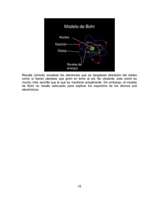 12
Resulta cómodo visualizar los electrones que se desplazan alrededor del núcleo
como si fueran planetas que giran en torno al sol. No obstante, esta visión es
mucho más sencilla que la que se mantiene actualmente. Sin embargo, el modelo
de Bohr no resulto adecuado para explicar los espectros de los átomos poli
electrónicos.
 
