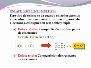 2. ENLACE COVALENTE MULTIPLE
Este tipo de enlace se da cuando entre los átomos
enlazados se comparte 2 o más pares de
electrones, estos pueden ser: doble y triple
a) Enlace doble: Compartición de dos pares
de electrones
Ejemplo: Formación del O2
b) Enlace triple: Compartición de tres pares
de electrones
< >
 