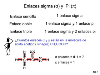 Enlaces sigma (σ) y Pi (π)

Enlace sencillo             1 enlace sigma

Enlace doble          1 enlace sigma y 1 enlace pi

Enlace triple         1 enlace sigma y 2 enlaces pi

  ¿Cuántos enlaces σ y π están en la molécula de
  ácido acético ( vinagre) CH3COOH?

       H
            O




                           σ enlaces = 6 1 = 7
                                       +
   H   C    C     O    H
                           π enlaces = 1
       H
                                                   10.5
 
