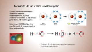 Formación de un enlace covalente polar
Al unirse por enlace covalente dos
átomos con diferente
electronegatividad, el par de
electrones compartidos es más atraído
por el átomo más electronegativo.
Se forma una MOLÉCULA que tiene
una distribución de carga desigual, se
llama Molécula Polar
δ+ δ-
El cloruro de hidrógeno es una sustancia gaseosa
a temperatura ambiente.
 