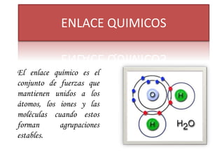 ENLACE QUIMICOS 
El enlace químico es el 
conjunto de fuerzas que 
mantienen unidos a los 
átomos, los iones y las 
moléculas cuando estos 
forman agrupaciones 
estables. 
 