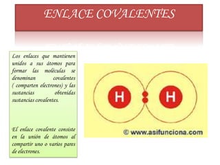 ENLACE COVALENTES
Los enlaces que mantienen
unidos a sus átomos para
formar las moléculas se
denominan
covalentes
( comparten electrones) y las
sustancias
obtenidas
sustancias covalentes.

El enlace covalente consiste
en la unión de átomos al
compartir uno o varios pares
de electrones.

 