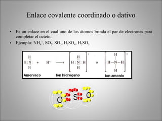 Enlace covalente coordinado o dativo Es un enlace en el cual uno de los átomos brinda el par de electrones para completar el octeto. Ejemplo: NH 4 + , SO 2 , SO 3 , H 2 SO 4 , H 2 SO 3 