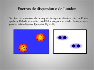 Fuerzas de dispersión o de London Son fuerzas intermoleculares muy débiles que se efectúan entre moléculas apolares. Debido a estas fuerzas débiles los gases se pueden licuar, es decir pasar al estado líquido. Ejemplos: O 2  y CH 4   