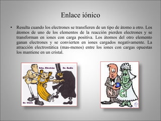 Enlace iónico Resulta cuando los electrones se transfieren de un tipo de átomo a otro. Los átomos de uno de los elementos de la reacción pierden electrones y se transforman en iones con carga positiva. Los átomos del otro elemento ganan electrones y se convierten en iones cargados negativamente. La atracción electrostática (mas-menos) entre los iones con cargas opuestas los mantiene en un cristal. 