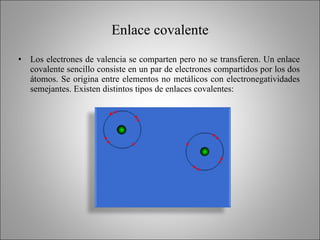 Enlace covalente <ul><li>Los electrones de valencia se comparten pero no se transfieren. Un enlace covalente sencillo cons...