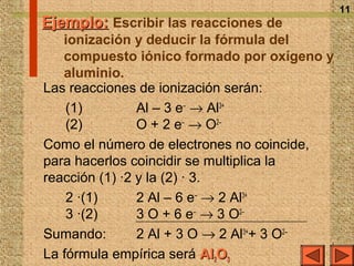11
Ejemplo: Escribir las reacciones de
   ionización y deducir la fórmula del
   compuesto iónico formado por oxígeno y
   aluminio.
Las reacciones de ionización serán:
    (1)         Al – 3 e– → Al3+
    (2)         O + 2 e– → O2–
Como el número de electrones no coincide,
para hacerlos coincidir se multiplica la
reacción (1) ·2 y la (2) · 3.
    2 ·(1)      2 Al – 6 e– → 2 Al3+
    3 ·(2)      3 O + 6 e– → 3 O2–
Sumando:        2 Al + 3 O → 2 Al3++ 3 O2–
La fórmula empírica será Al2O3
 