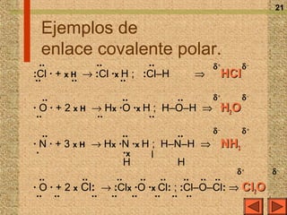 21

 Ejemplos de
 enlace covalente polar.
  ··          ··          ··           δ+         δ–
:Cl · + x H → :Cl ·x H ; :Cl–H     ⇒        HCl
 ··       ··         ··
   ··               ··         ··      δ+         δ–
· O · + 2 x H → Hx ·O ·x H ; H–O–H ⇒ H2O
 ··            ··         ··
                                       δ–         δ+
   ··               ··         ··
· N · + 3 x H → Hx ·N ·x H ; H–N–H ⇒ NH3
 ·                  ·x     |
                    H          H
                                              δ+
                                               +       δ–
                                                       –
  ··        ··      ··  ·· ··       ·· ·· ··
· O · + 2 x Cl: → :Clx ·O ·x Cl: ; :Cl–O–Cl: ⇒ Cl2O
 ·· ··         ·· ·· ··     ·· ·· ··
 
