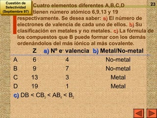 Cuestión de                                                 23
   Cuestión de
  Selectividad
   Selectividad
               Cuatro elementos diferentes A,B,C,D
(Septiembre 97)tienen número atómico 6,9,13 y 19
 (Septiembre 97)
        respectivamente. Se desea saber: a) El número de
        electrones de valencia de cada uno de ellos. b) Su
        clasificación en metales y no metales. c) La fórmula de
        los compuestos que B puede formar con los demás
        ordenándolos del más iónico al más covalente.
             Z a) Nº e– valencia b) Metal/No-metal
      A      6           4           No-metal
      B      9           7           No-metal
      C     13           3             Metal
      D     19           1             Metal
      c) DB < CB3 < AB4 < B2
 