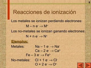 9



 Reacciones de ionización
Los metales se ionizan perdiendo electrones:
         M – n e– → Mn+
Los no-metales se ionizan ganando electrones:
         N + n e– → Nn–
Ejemplos:
Metales:       Na – 1 e– → Na+
               Ca – 2 e– → Ca2+
         Fe – 3 e– → Fe3+
No-metales: Cl + 1 e– → Cl–
               O + 2 e– → O2–
 