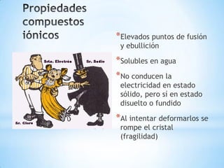 *Elevados puntos de fusión
 y ebullición

*Solubles en agua
*No conducen la
 electricidad en estado
 sólido, pero sí en estado
 disuelto o fundido

*Al intentar deformarlos se
 rompe el cristal
 (fragilidad)
 