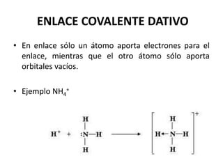 ENLACE COVALENTE DATIVO
• En enlace sólo un átomo aporta electrones para el
enlace, mientras que el otro átomo sólo aporta
orbitales vacíos.
• Ejemplo NH4
+
 