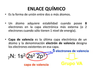 ENLACE QUÍMICO
• Es la forma de unión entre dos o más átomos.
• Un átomo adquiere estabilidad cuando posee 8
electrones en la capa electrónica más externa (o 2
electrones cuando sólo tienen 1 nivel de energía).
• Capa de valencia es la última capa electrónica de un
átomo y la denominación electrón de valencia designa
los electrones existentes en esa capa.
7N: 1s2 2s2 2p3
capa de valencia
5 electrones de valencia
Grupo VA
 