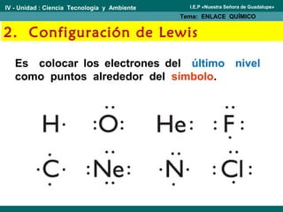 2. Configuración de Lewis
Es colocar los electrones del último nivel
como puntos alrededor del símbolo.
IV - Unidad : Ciencia Tecnología y Ambiente
Tema: ENLACE QUÍMICO
I.E.P «Nuestra Señora de Guadalupe»
 