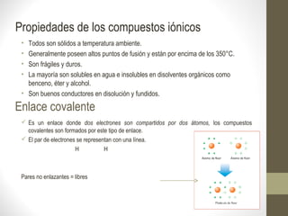 Propiedades de los compuestos iónicos
• Todos son sólidos a temperatura ambiente.
• Generalmente poseen altos puntos de fusión y están por encima de los 350°C.
• Son frágiles y duros.
• La mayoría son solubles en agua e insolubles en disolventes orgánicos como
benceno, éter y alcohol.
• Son buenos conductores en disolución y fundidos.
Enlace covalente
 Es un enlace donde dos electrones son compartidos por dos átomos, los compuestos
covalentes son formados por este tipo de enlace.
 El par de electrones se representan con una línea.
H H
Pares no enlazantes = libres
 