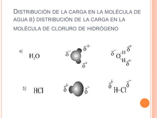 Distribución de la carga en la molécula de agua b) distribución de la carga en la molécula de cloruro de hidrógeno