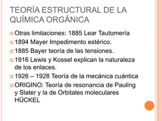 TEORÍA ESTRUCTURAL DE LA QUÍMICA ORGÁNICAOtras limitaciones: 1885 Lear Tautomería1894 Mayer Impedimento estérico.1885 Bayer teoría de las tensiones.1916 Lewis y Kossel explican la naturaleza de los enlaces.1926 – 1928 Teoría de la mecánica cuánticaORIGINO: Teoría de resonancia de Pauling y Slater y la de Orbitales moleculares HÜCKEL