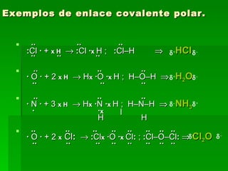 Exemplos de enlace covalente polar. ··  ··   ··    : Cl  ·  +   x H      : Cl  · x  H   ;  : Cl–H      HCl   ··    ··   ··  ··  ··   ··    ·  O  ·  +   2   x H     H x   · O  · x  H   ;  H–O–H    H 2 O   ··    ··   ··  ··  ··   ··    ·  N  ·  +   3   x H     H x   · N  · x  H   ;  H–N–H    NH 3   ·    · x     |   H   H  ··  ··  ··   ··  ··  ··  ··  ··    ·  O  ·  +   2   x   Cl :      : Cl x   · O  · x  Cl :  ;  : Cl–O–Cl :      Cl 2 O   ··    ··  ··   ··  ··  ··  ··  ··  –  + – +  –  +  +  –  –  + 