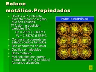 Enlace metálico.Propiedades Sólidos a tª ambiente, excepto mercurio e galio que son líquidos. Tª fusión  e ebulición variables Ex: Sn = 232ºC, 2 603ºC W = 3 387ºC,5 555ºC Conducen a corrente en estado sólido e fundidos Bos condutores da calor Dúctiles e maleables Brillo metálico Moi solubles con outros metais (unha vez fundidos) formando aleacións 