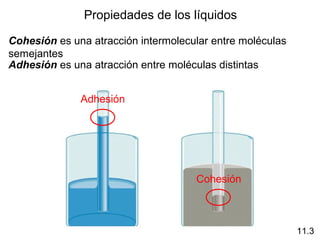 Propiedades de los líquidos
Cohesión es una atracción intermolecular entre moléculas
semejantes
11.3
Adhesión es una atracción entre moléculas distintas
Adhesión
Cohesión
 