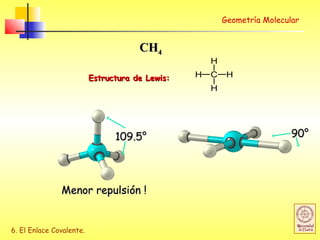 6. El Enlace Covalente.
Menor repulsión !Menor repulsión !
CHCH44
C
H
H
H
HEstructura de Lewis:Estructura de Lewis:
109.5°109.5° 90°90°
Geometría Molecular
 