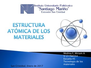 Medina F, Miriam A
V-21766554
Escuela:45
Tecnología de los
materiales
San Cristóbal, Enero de 2017
 