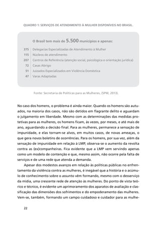 22
Quadro 1: serviços de atendimento à mulher disponíveis no brasil.
O Brasil tem mais de 5.500 municípios e apenas:
Delegacias Especializadas de Atendimento à Mulher
Núcleos de atendimento
Centros de Referência (atenção social, psicológica e orientação jurídica)
Casas Abrigo
Juizados Especializados em Violência Doméstica
Varas Adaptadas
Fonte: Secretaria de Políticas para as Mulheres, (SPM, 2013).
No caso dos homens, o problema é ainda maior. Quando os homens são autu-
ados, na maioria dos casos, não são detidos em flagrante delito e aguardam
o julgamento em liberdade. Mesmo com as determinações das medidas pro-
tetivas para as mulheres, os homens ficam, às vezes, por meses, e até mais de
ano, aguardando a decisão final. Para as mulheres, permanece a sensação de
impunidade, e elas tornam-se alvos, em muitos casos, de novas ameaças, o
que gera novos boletins de ocorrências. Para os homens, por sua vez, além da
sensação de impunidade em relação à LMP, observa-se o aumento da revolta
contra as (ex)companheiras. Fica evidente que a LMP vem servindo apenas
como um modelo de contenção e que, mesmo assim, não ocorre pela falta de
serviços e de uma rede que atenda a demanda.
Apesar dos modestos avanços em relação às políticas públicas no enfren-
tamento da violência contra as mulheres, é inegável que a história e o acúmu-
lo de conhecimento sobre o assunto vêm formando, mesmo com o desserviço
da mídia, uma crescente rede de atenção às mulheres. Do ponto de vista teó-
rico e técnico, é evidente um aprimoramento dos aparatos de avaliação e clas-
sificação das dimensões dos sofrimentos e do empoderamento das mulheres.
Vem-se, também, formando um campo cuidadoso e cuidador para as mulhe-
375
115
207
72
51
47
 