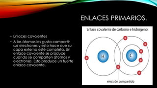ENLACES PRIMARIOS.
• Enlaces covalentes
• A los átomos les gusta compartir
sus electrones y esto hace que su
capa externa esté completa. Un
enlace covalente se produce
cuando se comparten átomos y
electrones. Esto produce un fuerte
enlace covalente.

 