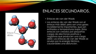 ENLACES SECUNDARIOS.
• Enlaces de van der Waals
• Los enlaces de van der Waals son el
enlace más débil, pero son unos gases
increíblemente importantes, que son
enfriados a temperaturas bajas. Estos
enlaces son creados por pequeñas
cargas de electrones positivos y
negativos que producen una carga
débil. Los enlaces de van der Waals se
anulan por la energía térmica,
causándoles una disfunción.

 