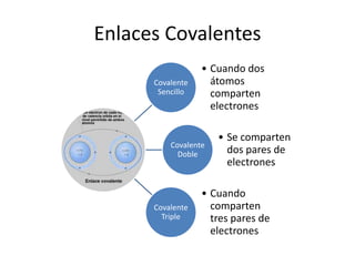 Enlaces Covalentes
                  • Cuando dos
      Covalente     átomos
       Sencillo     comparten
                    electrones

                      • Se comparten
          Covalente
            Doble       dos pares de
                        electrones

                  • Cuando
      Covalente     comparten
        Triple      tres pares de
                    electrones
 