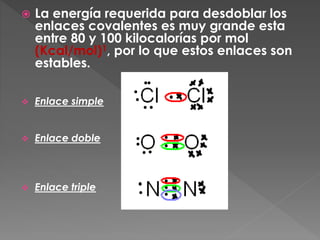  La energía requerida para desdoblar los
enlaces covalentes es muy grande esta
entre 80 y 100 kilocalorías por mol
(Kcal/mol)1, por lo que estos enlaces son
estables.
Enlace simple
Enlace doble
Enlace triple