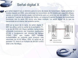 Señal digital X
La señal digital X es un término para la serie de tasas de transmisión digital estándar o
niveles basado en DS0, una velocidad de transmisión de 64 kilobits por segundo (Kbps),
siendo un ancho de banda usado normalmente para un canal de voz del teléfono. Tanto
el sistema T-carrier de América del Norte y el sistema E-carrier Europea de transmisión
funcionan con la serie DS como una base múltiple. La señal digital es la que es
transmitida en el interior del sistema carrier.
DS0 es la base de la serie de señal digital X.
DS1 se utiliza como la señal de la portadora T1,
y es de 24 DS0 (64 Kbps) señales transmitidas
utilizando modulación por impulsos codificados
(PCM) y multiplexión por división de tiempo
(TDM). DS2 son cuatro DS1 señales
multiplexadas en conjunto para producir una
velocidad de 6.312 Mbps. DS3, la señal en el
portador T3, lleva a un múltiplo de 28 DS1 o 672
DS0 o 44,736 Mbps.

 