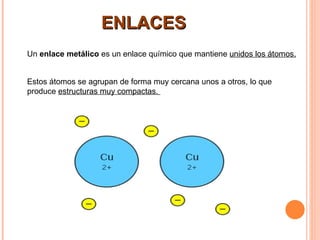 Un  enlace metálico  es un enlace químico que mantiene  unidos los átomos. Estos átomos se agrupan de forma muy cercana unos a otros, lo que produce  estructuras muy compactas.  ENLACES 