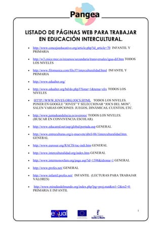LISTADO DE PÁGINAS WEB PARA TRABAJAR
     EN EDUCACIÓN INTERCULTURAL.
•   http://www.concejoeducativo.org/article.php?id_article=70 INFANTIL Y
    PRIMARIA

•   http://w3.cnice.mec.es/recursos/secundaria/transversales/igua-dif.htm TODOS
    LOS NIVELES

•   http://www.filomusica.com/filo37/interculturalidad.html INFANTIL Y
    PRIMARIA

•   http://www.edualter.org/

•   http://www.edualter.org/bd/do.php3?listar=1&tema=eliv TODOS LOS
    NIVELES

•   HTTP://WWW.JOVES.ORG/JOCS.HTML TODOS LOS NIVELES.
    PONER EN GOOGLE ”JOVES” Y SELECCIONAR “JOCS DEL MON”.
    SALEN VARIAS OPCIONES: JUEGOS, DINÁMICAS, CUENTOS, ETC.

•   http://www.juntadeandalucia.es/averroes/ TODOS LOS NIVELES.
    (BUSCAR EN CONVIVENCIA ESCOLAR).

•   http://www.educared.net/asp/global/portada.asp GENERAL

•   http://www.entreculturas.org/e-muevete/abril-06/1interculturalidad.htm
    GENERAL

•   http://www.eurosur.org/RACIS/rac-indi.htm GENERAL

•   http://www.interculturalidad.org/index.htm GENERAL

•   http://www.intermonoxfam.org/page.asp?id=1398&idioma=1 GENERAL

•   http://www.profes.net/ GENERAL

•   http://www.infantil.profes.net/ INFANTIL (LECTURAS PARA TRABAJAR
    VALORES)

•   http://www.miradasdelmundo.org/index.php?pg=proj.mat&m1=2&m2=0
    PRIMARIA E INFANTIL




                                                                                  1
 